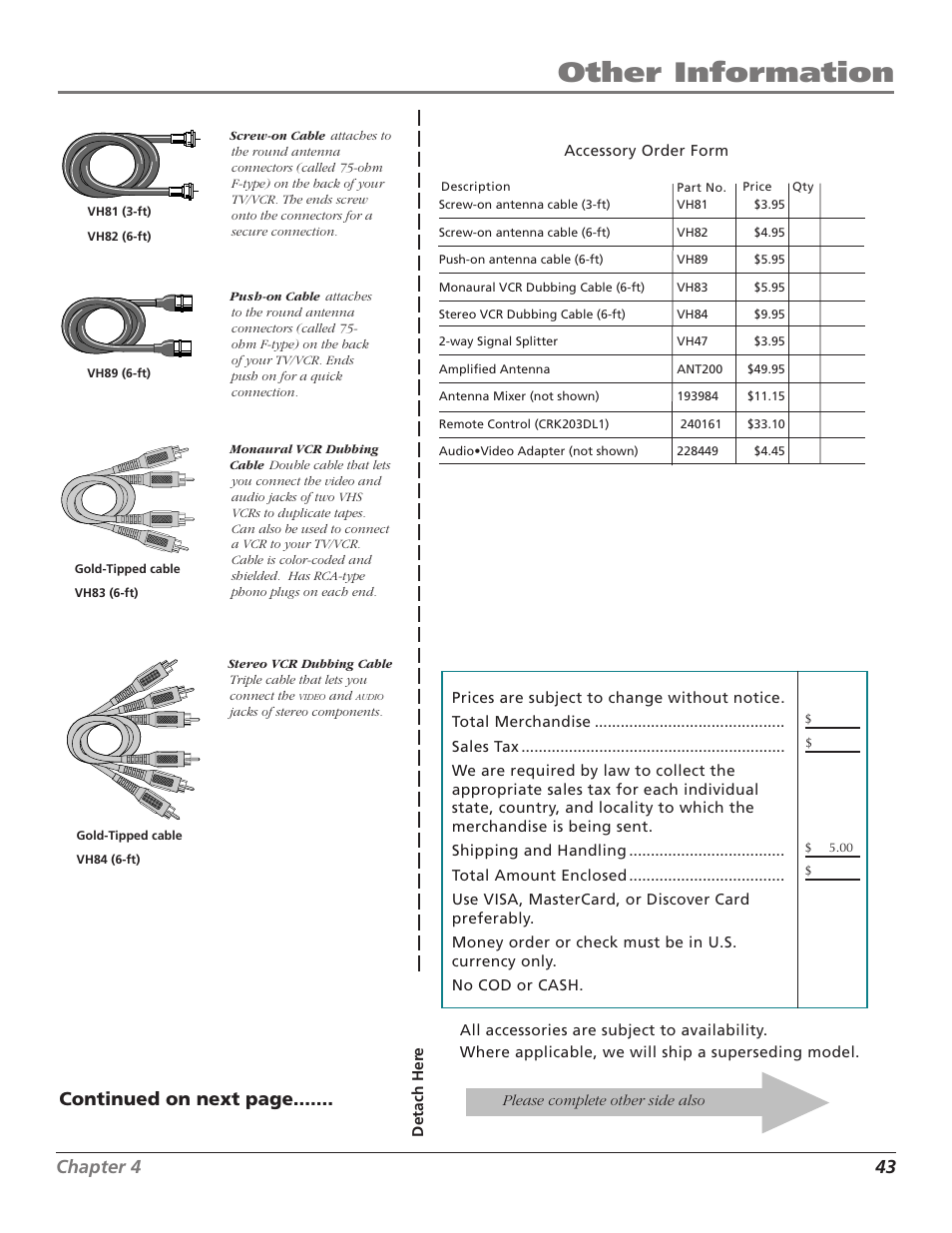 Other information, Chapter 4 43, Continued on next page | RCA T13208 User Manual | Page 45 / 48