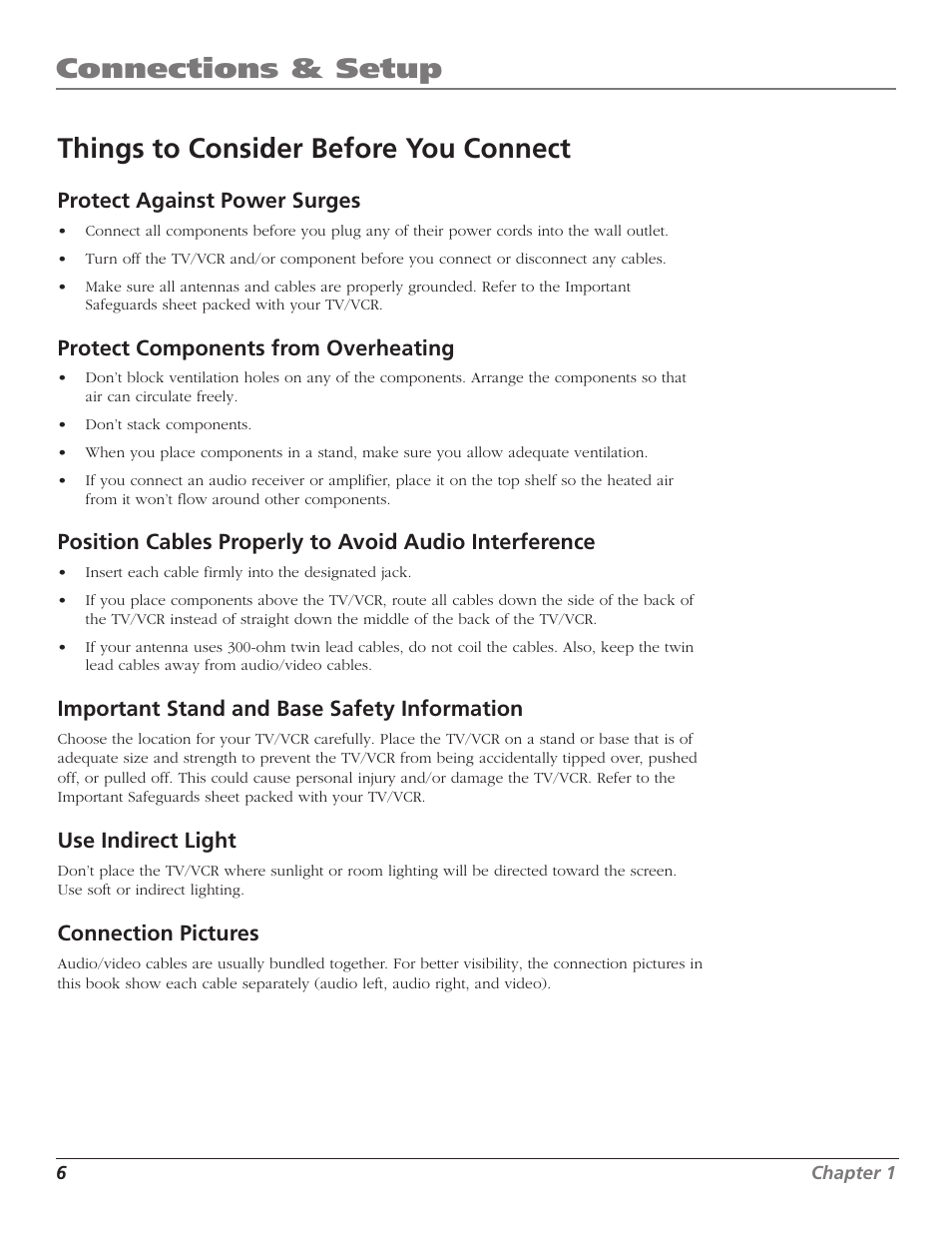 Protect against power surges, Protect components from overheating, Important stand and base safety information | Use indirect light, Connection pictures | RCA T13208 User Manual | Page 8 / 48