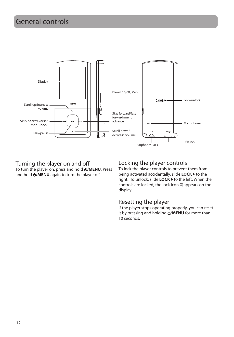 General controls, Turning the player on and off, Locking the player controls | Resetting the player | RCA M4304 User Manual | Page 12 / 29