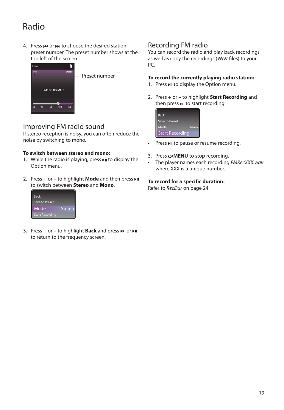 Improving fm radio sound, Recording fm radio, Radio | RCA M4304 User Manual | Page 19 / 29