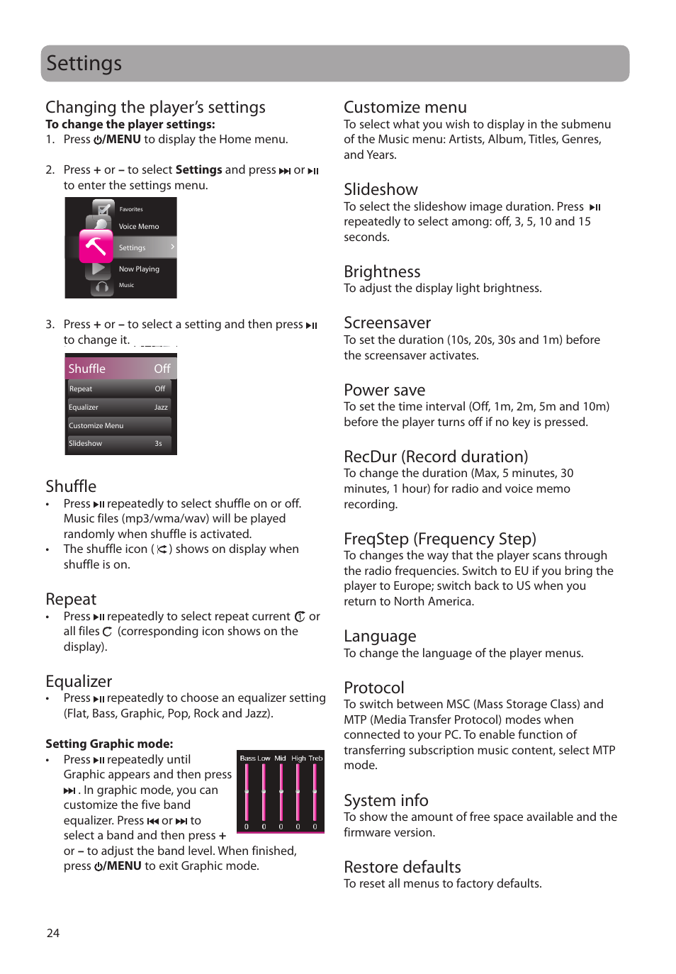 Settings, Changing the player’s settings, Shuffle | Repeat, Equalizer, Customize menu, Slideshow, Brightness, Screensaver, Power save | RCA M4304 User Manual | Page 24 / 29