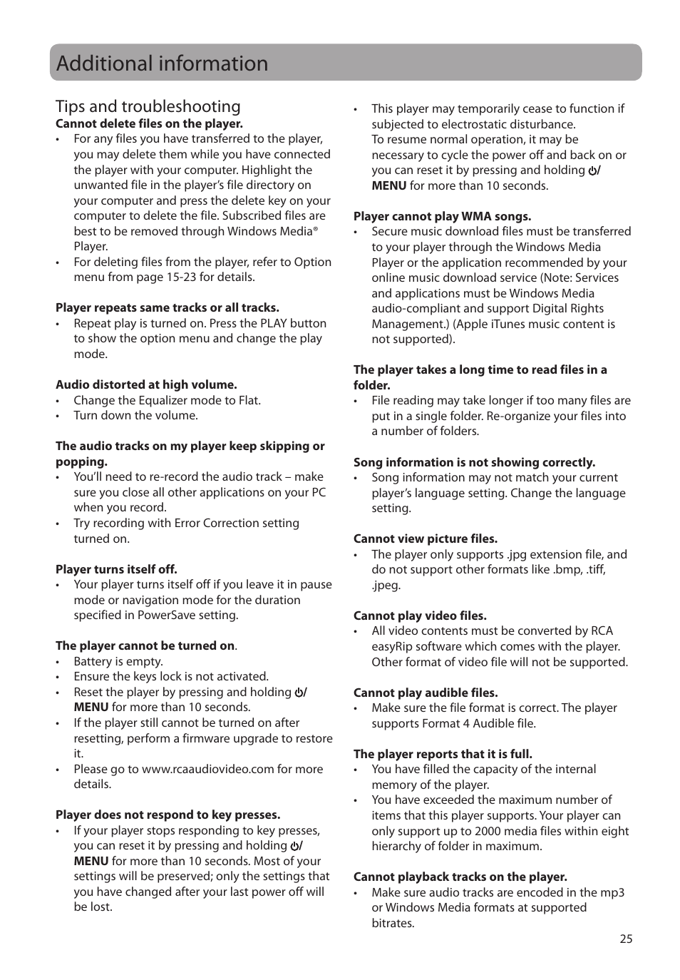 Additional information, Tips and troubleshooting | RCA M4304 User Manual | Page 25 / 29