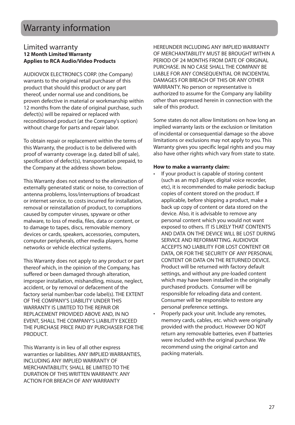 Warranty information, Limited warranty | RCA M4304 User Manual | Page 27 / 29