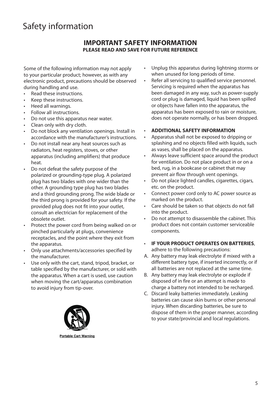 Important safety information, Safety information | RCA M4304 User Manual | Page 5 / 29