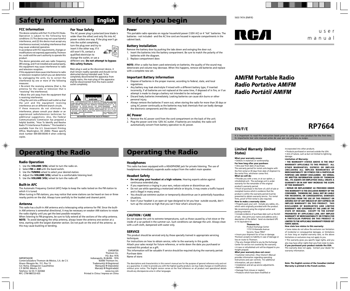 RCA RP7664 User Manual | 3 pages