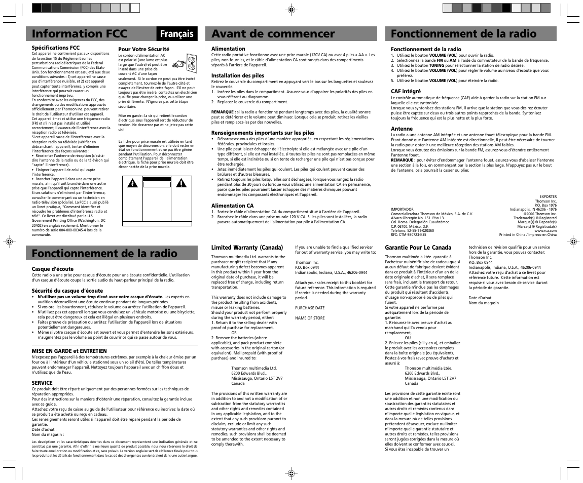 Avant de commencer fonctionnement de la radio, Information fcc, Fonctionnement de la radio | Français, Garantie pour le canada, Limited warranty (canada) | RCA RP7664 User Manual | Page 2 / 3