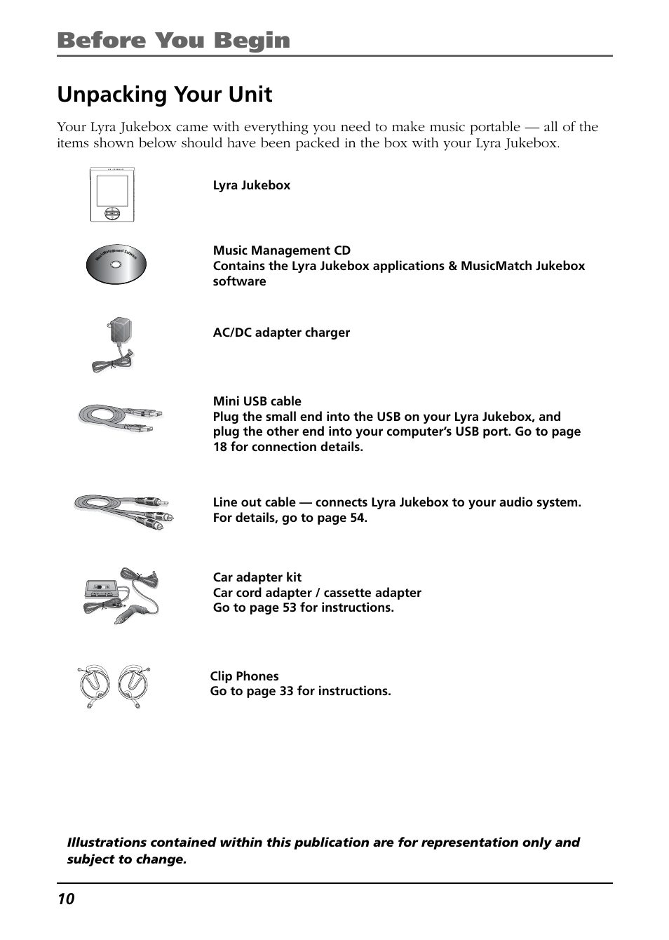 Unpacking your unit, Before you begin unpacking your unit | RCA Lyra RD2850 User Manual | Page 10 / 64