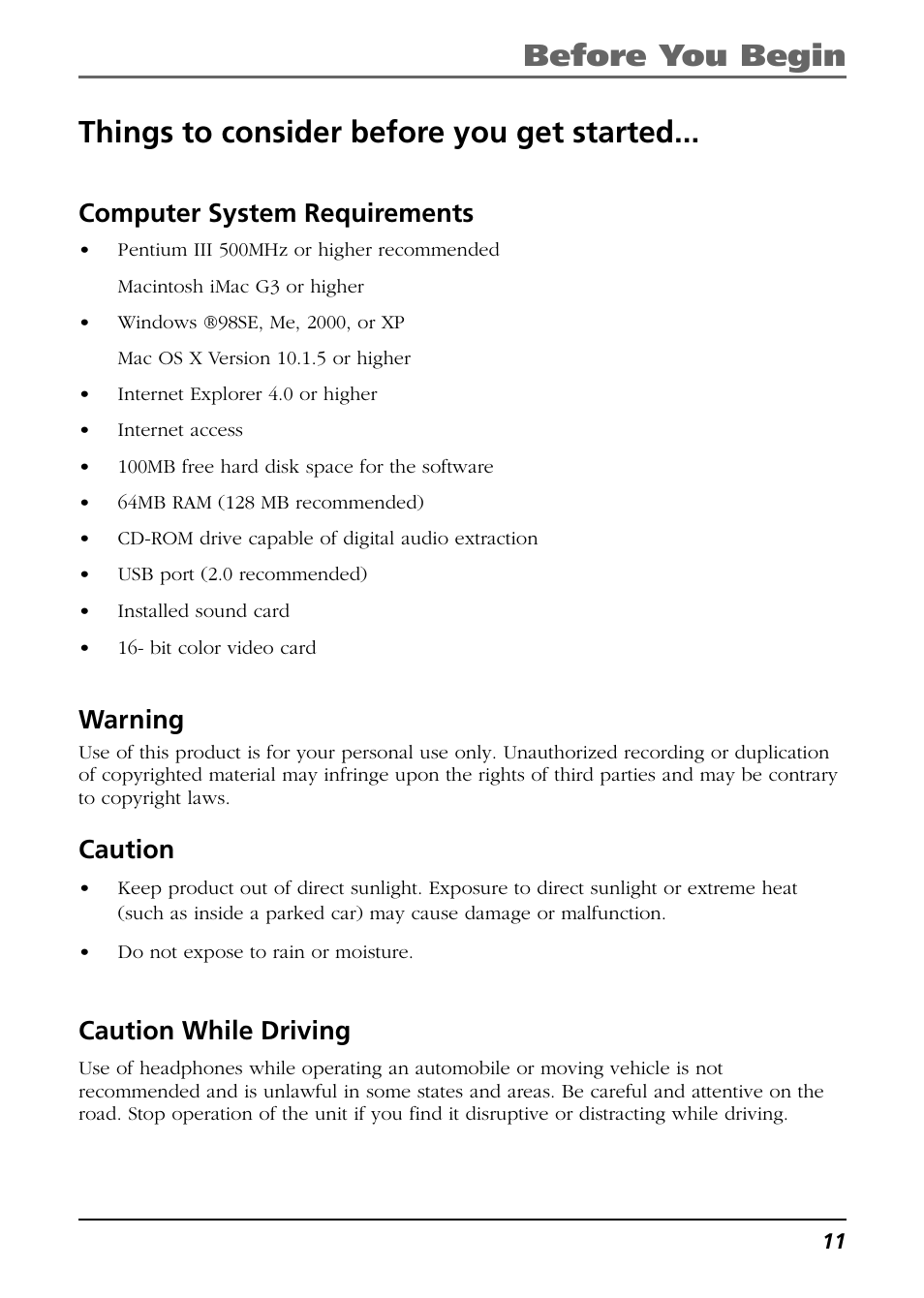 Things to consider before you get started, Computer system requirements, Warning | Caution, Caution while driving, Before you begin | RCA Lyra RD2850 User Manual | Page 11 / 64