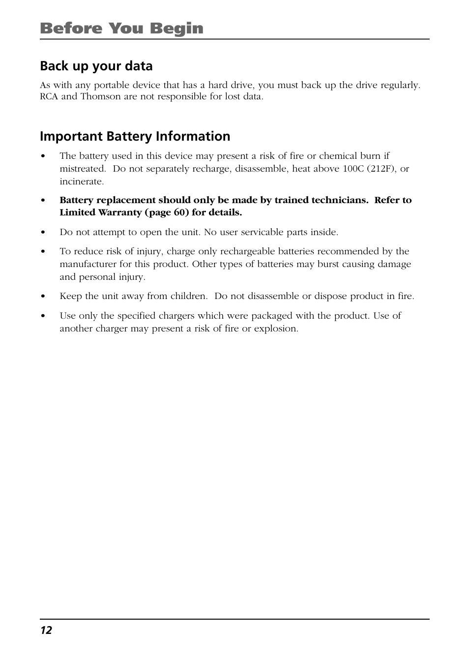 Back up your data, Important battery information, Before you begin | RCA Lyra RD2850 User Manual | Page 12 / 64