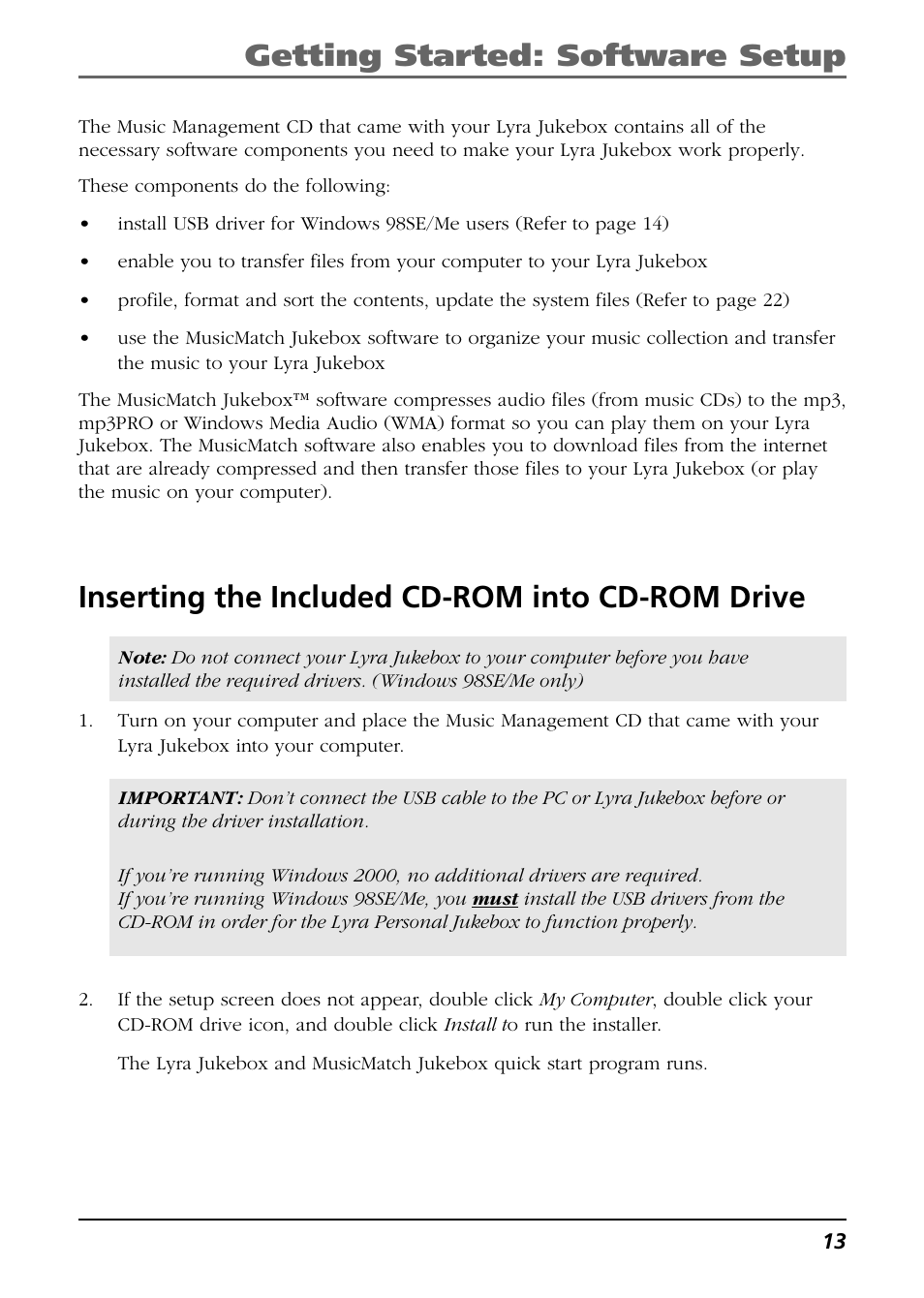 Inserting the included cd-rom into cd-rom drive, Getting started: software setup | RCA Lyra RD2850 User Manual | Page 13 / 64