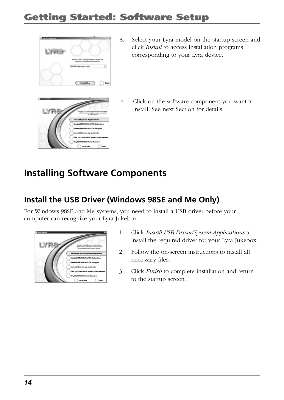 Installing software components, Install the usb driver (windows 98se and me only), Getting started: software setup | RCA Lyra RD2850 User Manual | Page 14 / 64