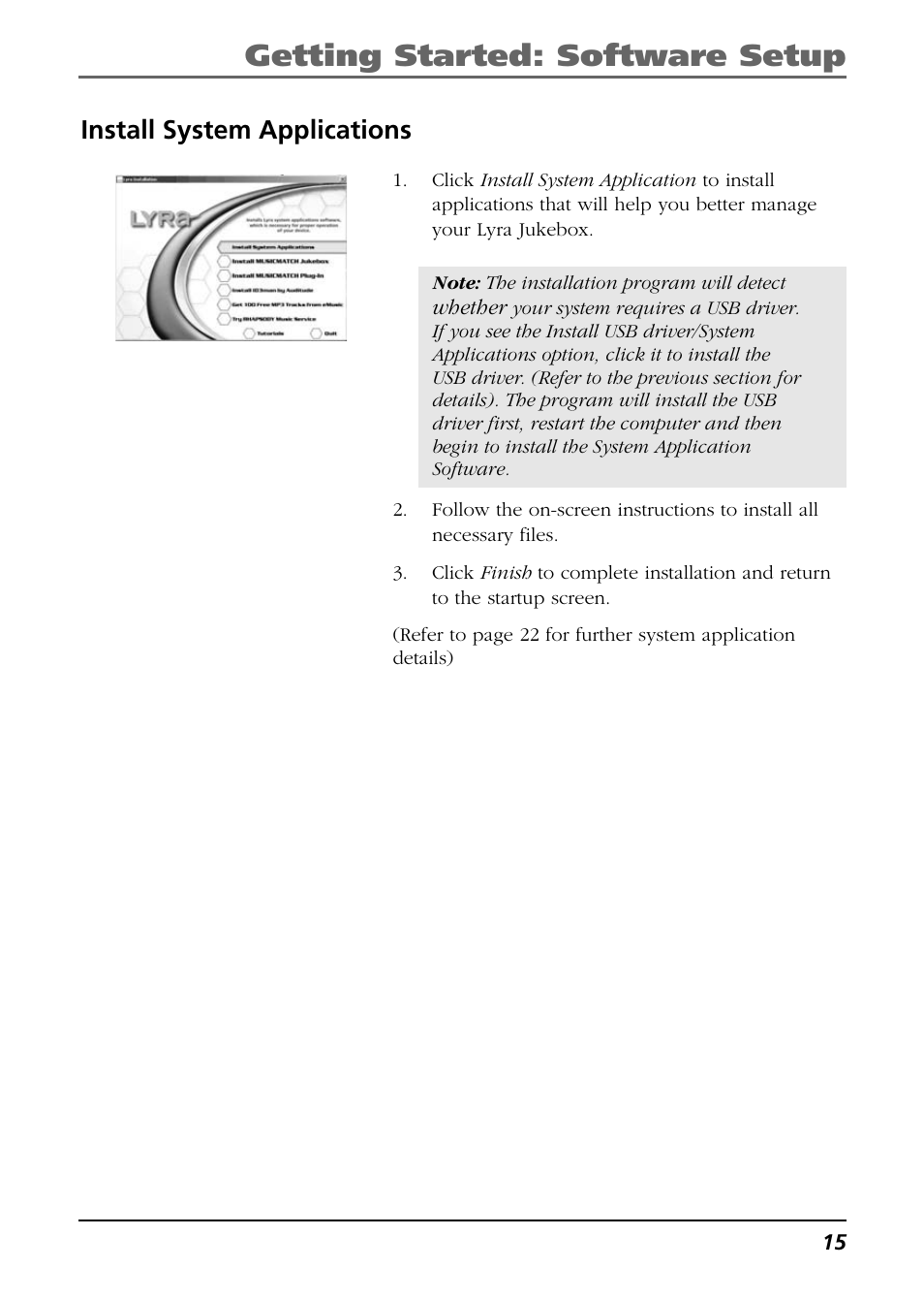 Install system applications, Getting started: software setup | RCA Lyra RD2850 User Manual | Page 15 / 64