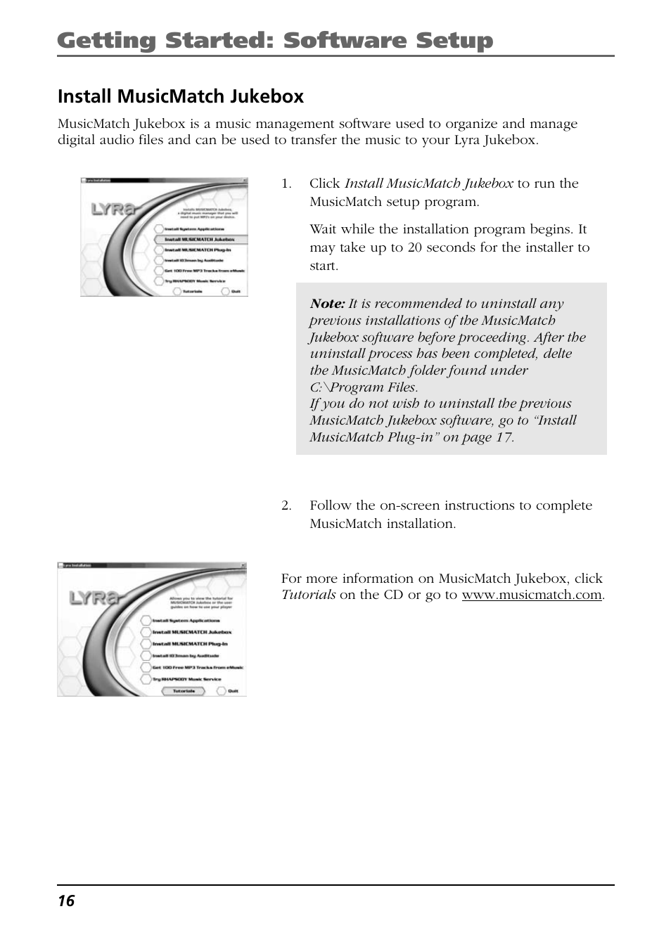 Install musicmatch jukebox, Getting started: software setup | RCA Lyra RD2850 User Manual | Page 16 / 64