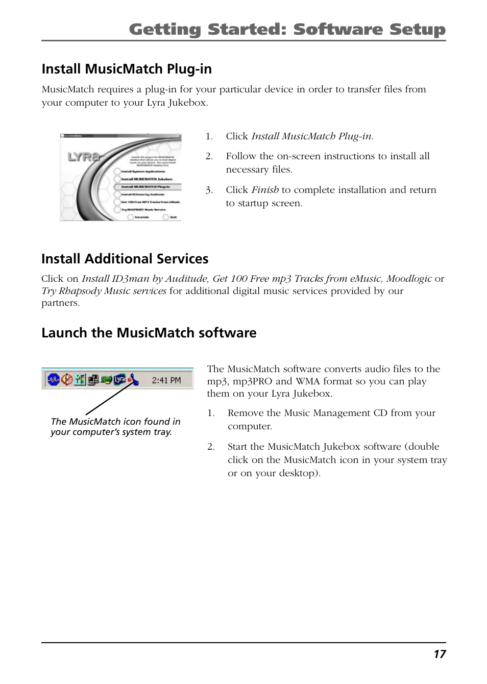 Install additional services, Launch the musicmatch software, Install musicmatch plug-in | Getting started: software setup | RCA Lyra RD2850 User Manual | Page 17 / 64