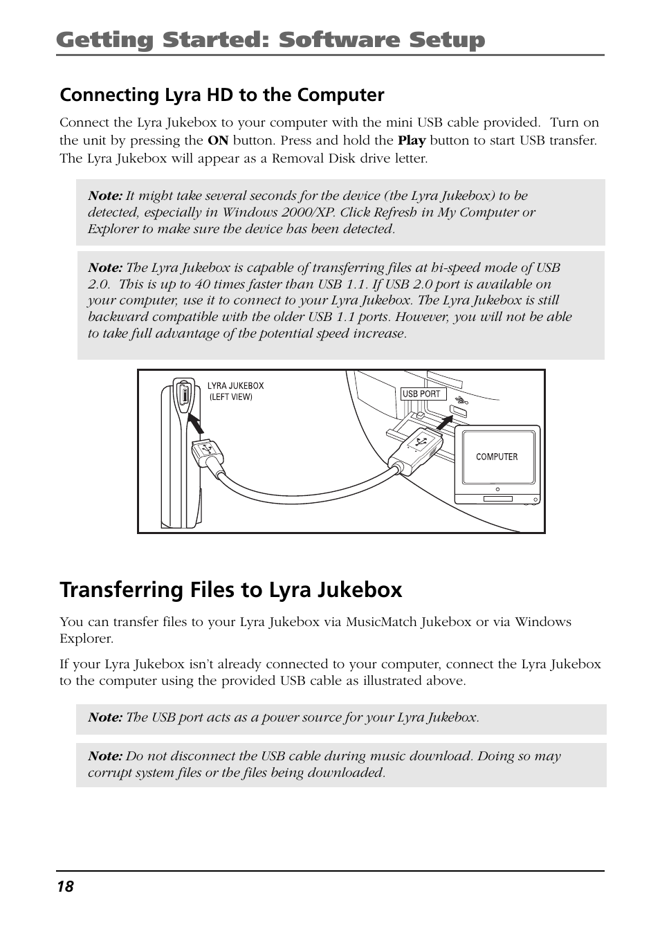 Connecting lyra hd to the computer, Transferring files to lyra jukebox, Getting started: software setup | RCA Lyra RD2850 User Manual | Page 18 / 64