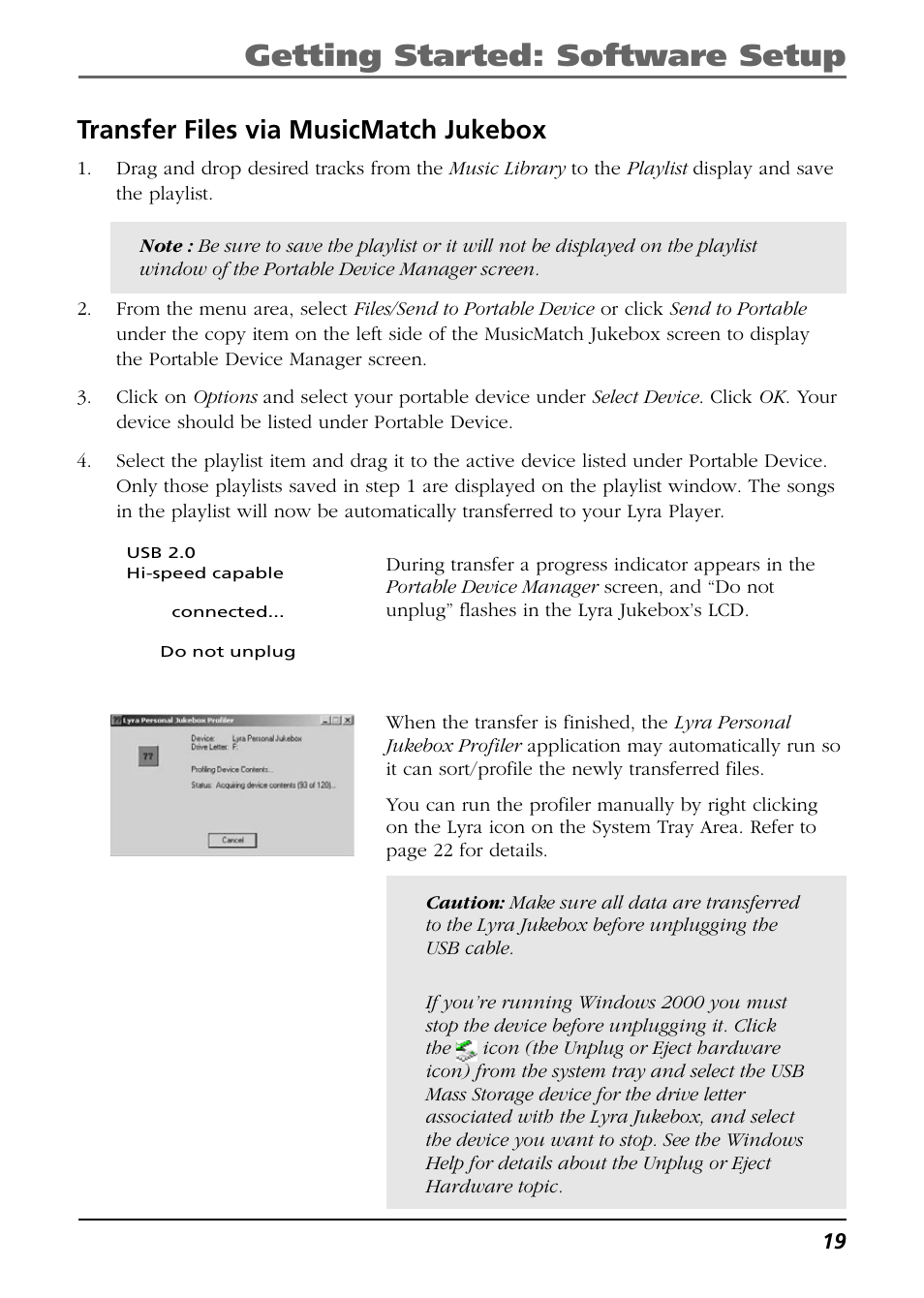 Transfer files via musicmatch jukebox, Getting started: software setup | RCA Lyra RD2850 User Manual | Page 19 / 64