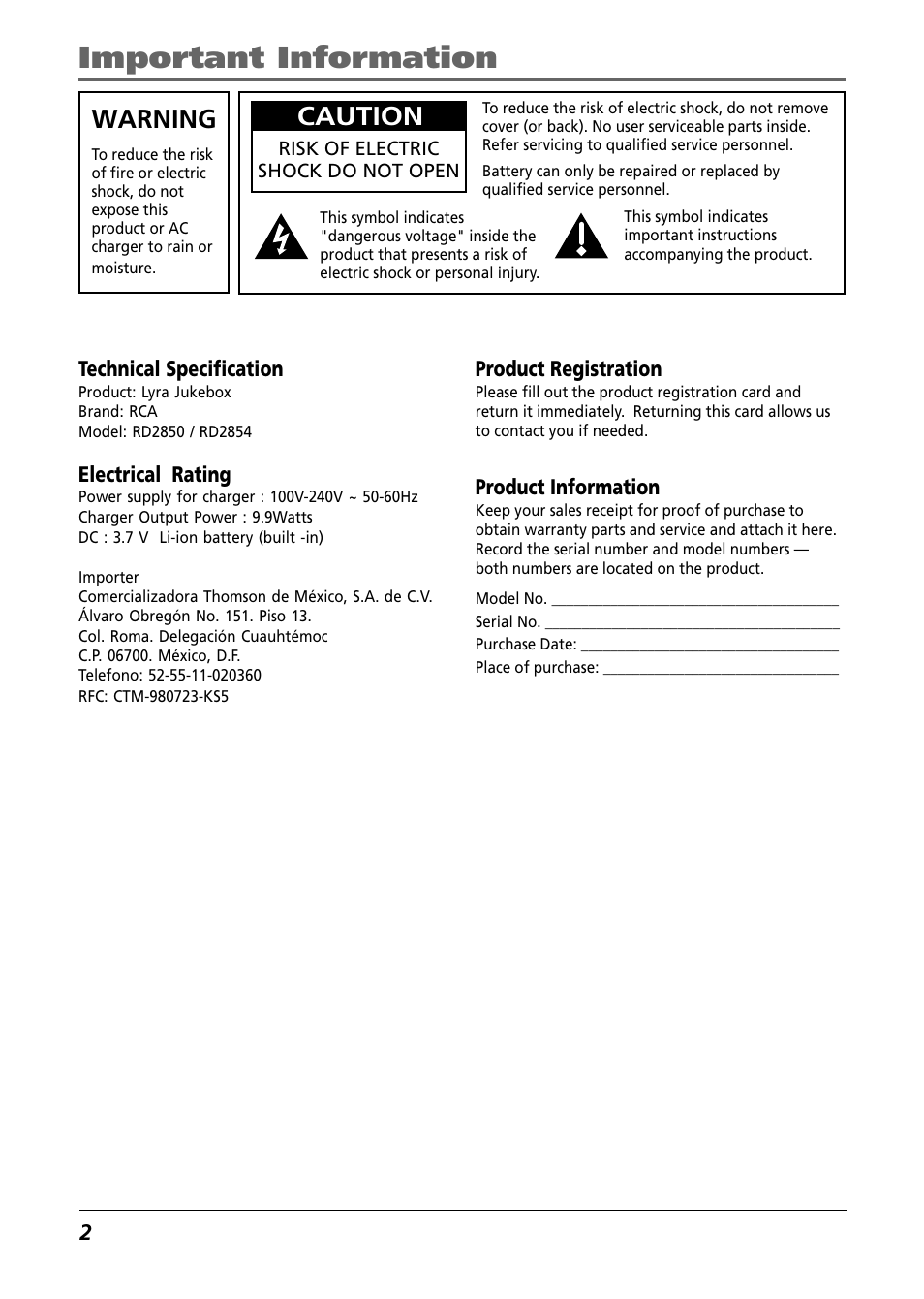 Important information, Warning, Caution | RCA Lyra RD2850 User Manual | Page 2 / 64