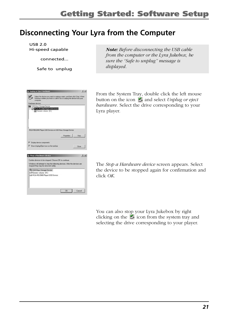 Disconnecting your lyra from the computer, Getting started: software setup | RCA Lyra RD2850 User Manual | Page 21 / 64