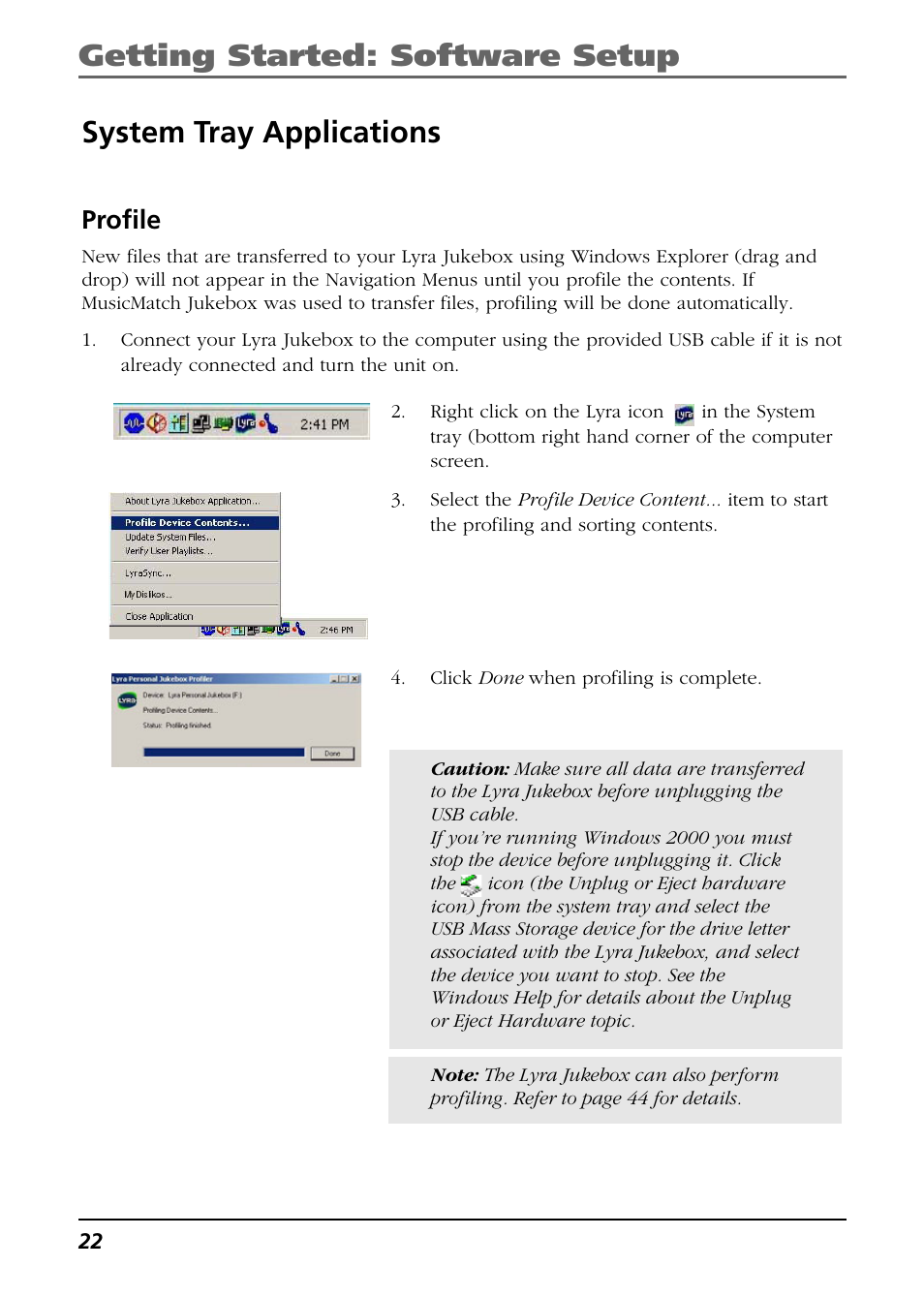 System tray applications, Profile, Getting started: software setup | RCA Lyra RD2850 User Manual | Page 22 / 64