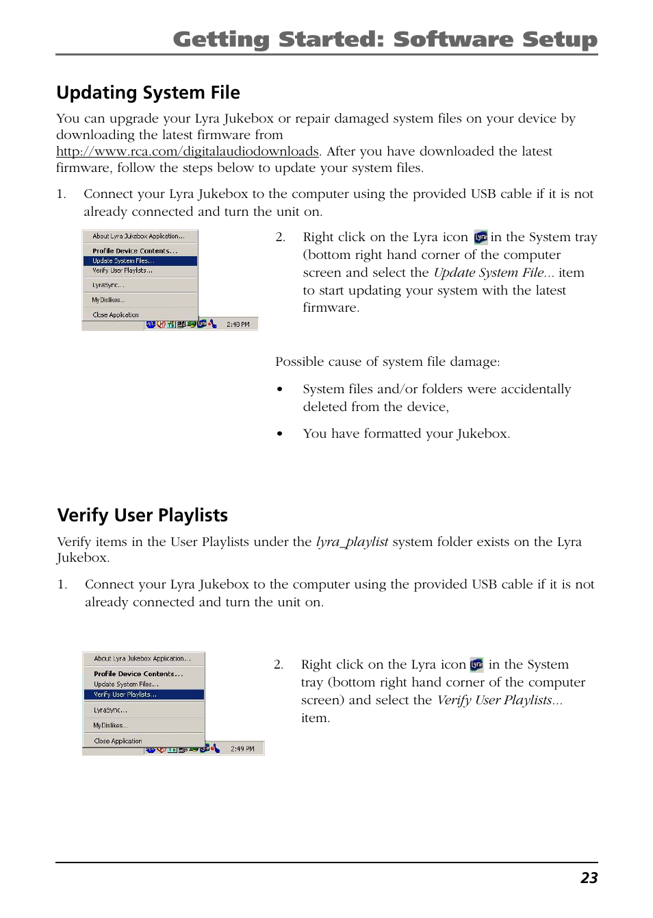 Updating system file, Verify user playlists, Getting started: software setup | RCA Lyra RD2850 User Manual | Page 23 / 64