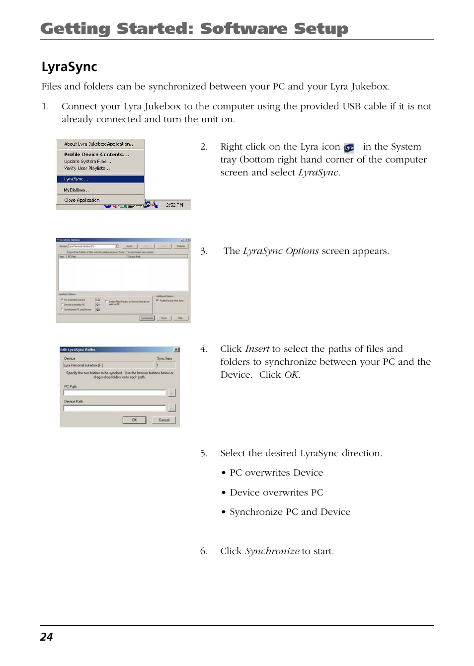 Lyrasync, Getting started: software setup | RCA Lyra RD2850 User Manual | Page 24 / 64