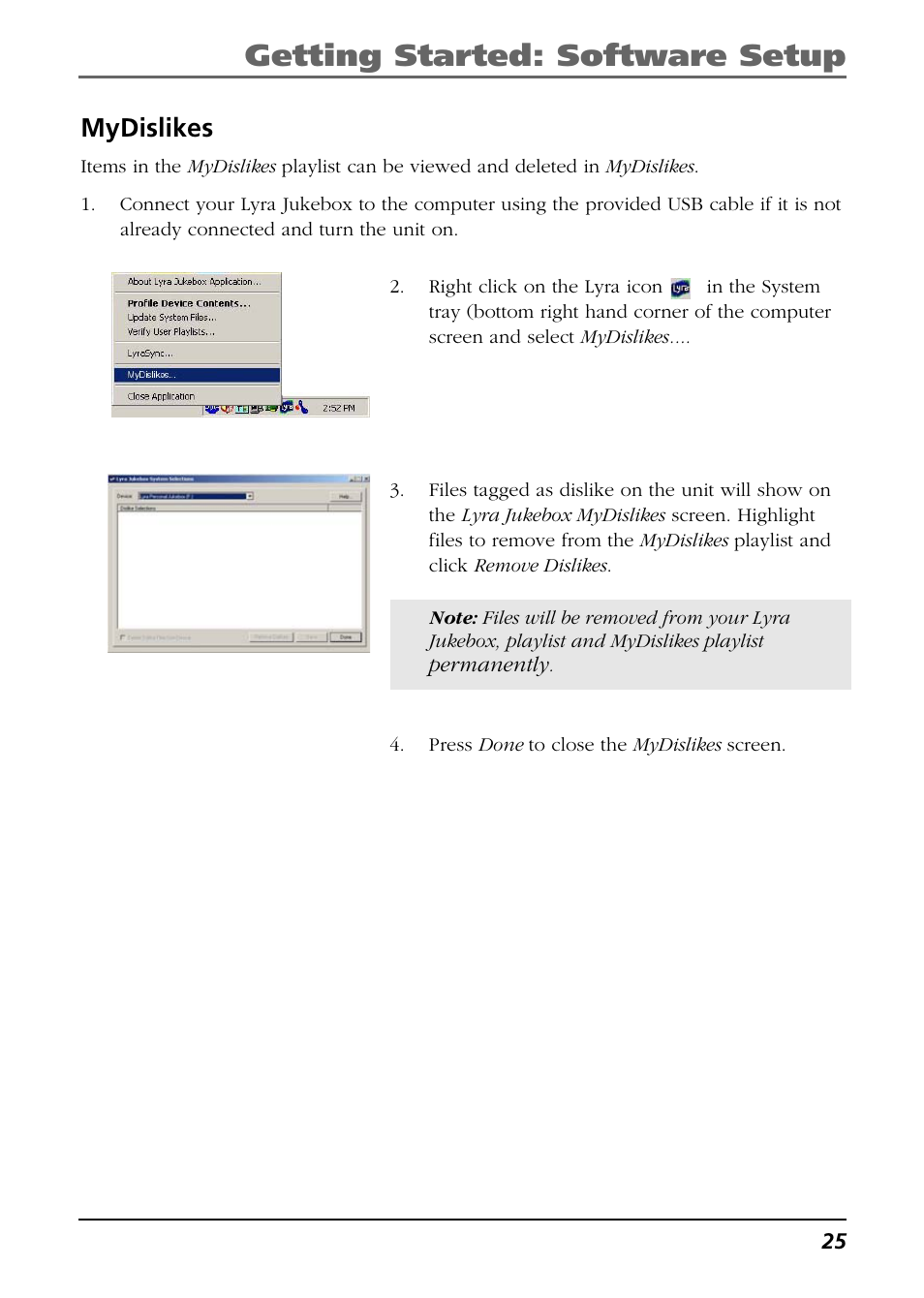 Mydislikes, Getting started: software setup | RCA Lyra RD2850 User Manual | Page 25 / 64