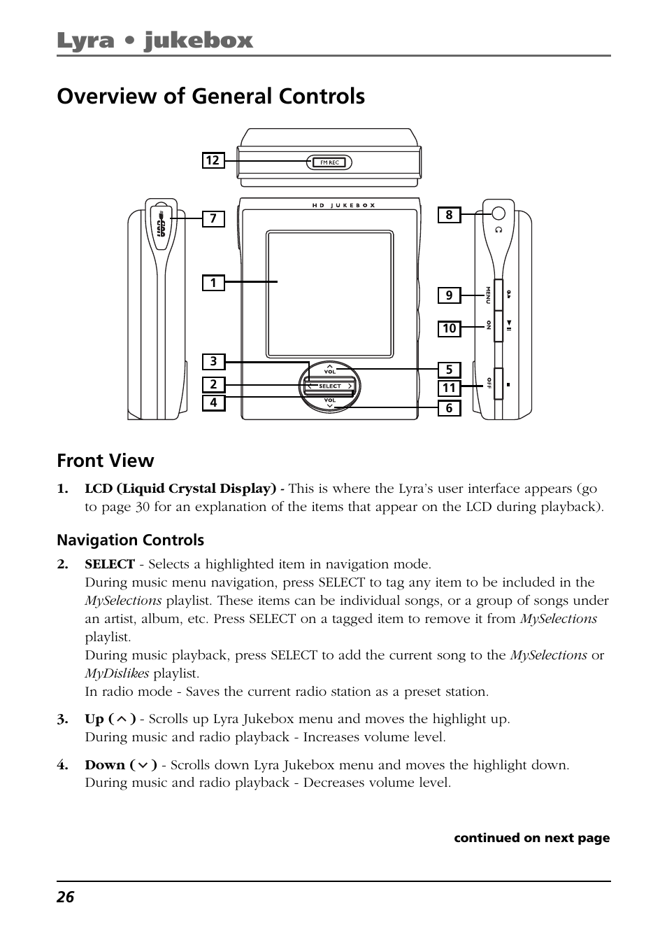 Overview of general controls, Front view, Navigation controls | Lyra • jukebox overview of general controls | RCA Lyra RD2850 User Manual | Page 26 / 64