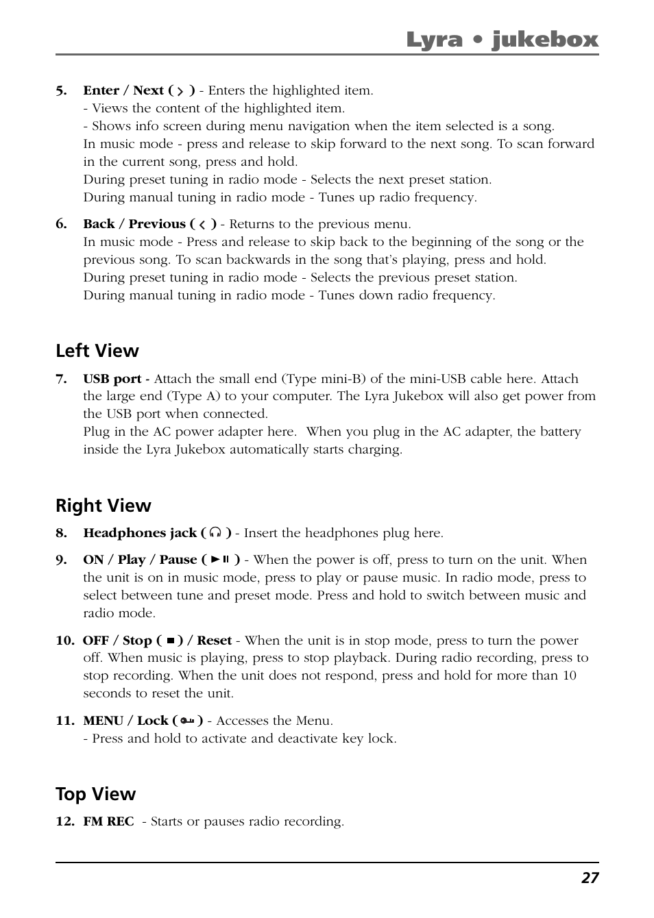 Left view, Right view, Top view | Lyra • jukebox | RCA Lyra RD2850 User Manual | Page 27 / 64