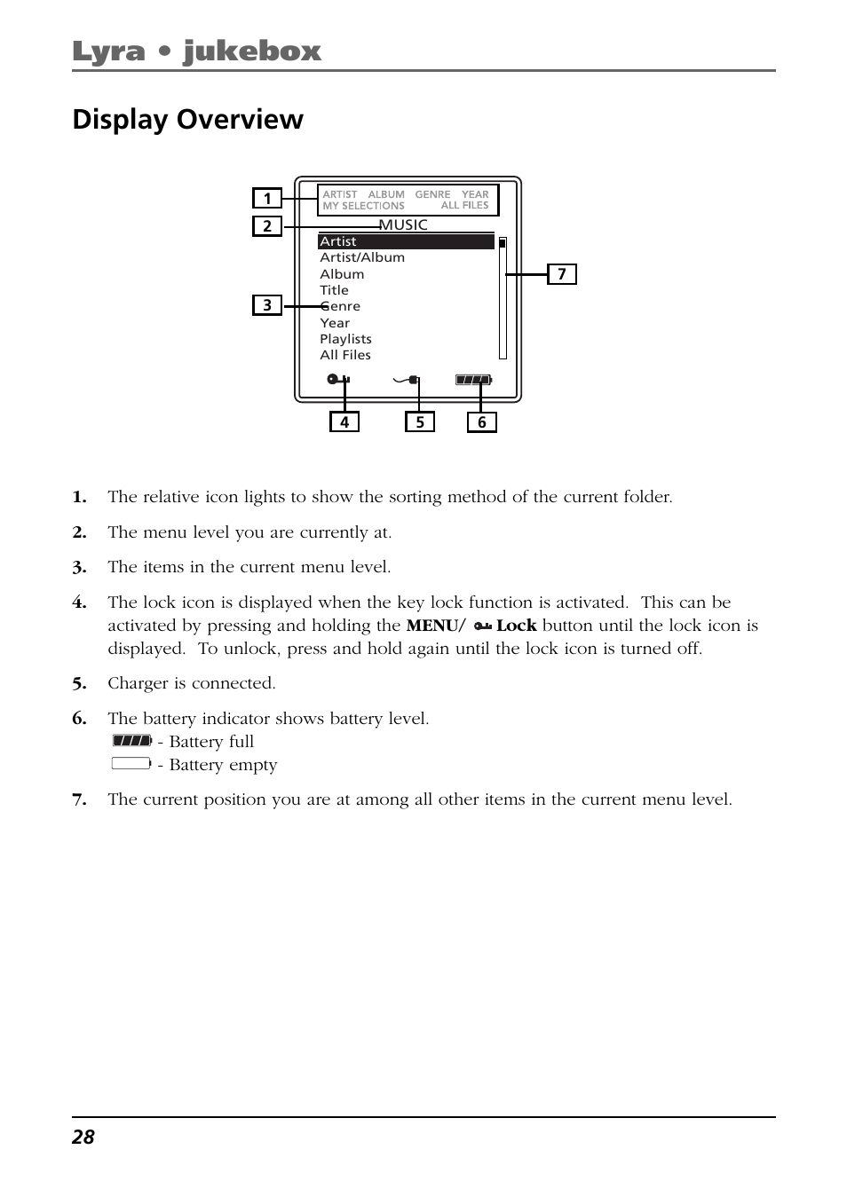 Display overview, Lyra • jukebox | RCA Lyra RD2850 User Manual | Page 28 / 64