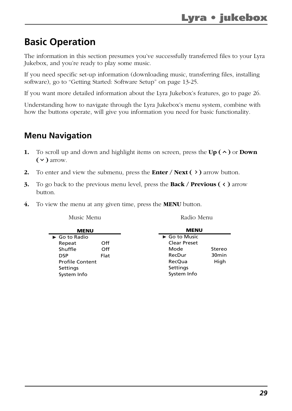 Menu navigation, Basic operation, Lyra • jukebox | RCA Lyra RD2850 User Manual | Page 29 / 64