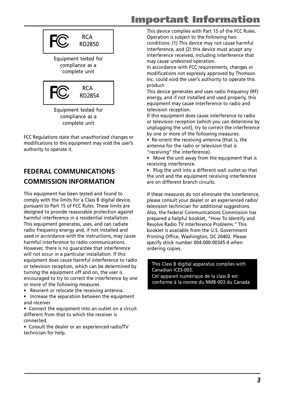 Federal communications commission information, Important information | RCA Lyra RD2850 User Manual | Page 3 / 64