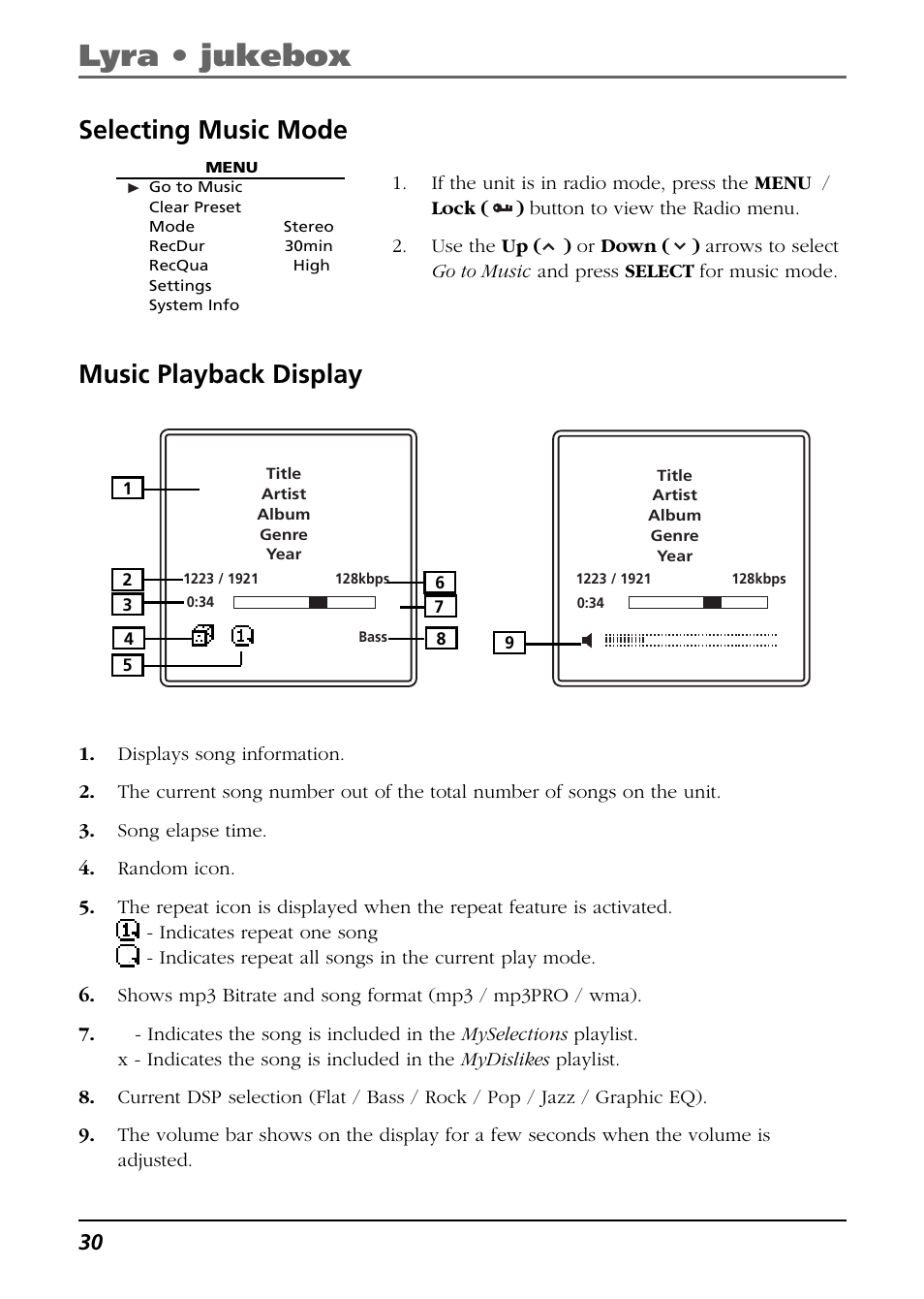 Selecting music mode, Music playback display, Lyra • jukebox | RCA Lyra RD2850 User Manual | Page 30 / 64