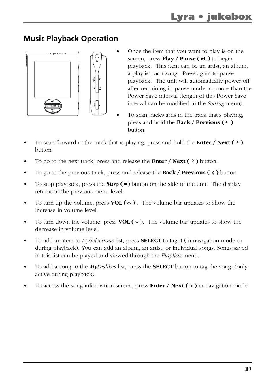 Music playback operation, Lyra • jukebox | RCA Lyra RD2850 User Manual | Page 31 / 64