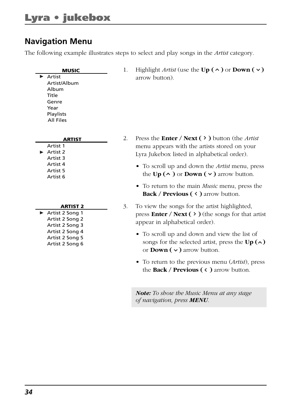 Navigation menu, Lyra • jukebox | RCA Lyra RD2850 User Manual | Page 34 / 64