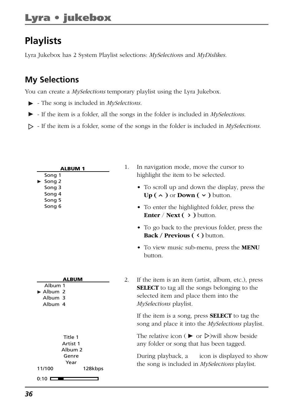 Playlists, My selections, Lyra • jukebox | RCA Lyra RD2850 User Manual | Page 36 / 64