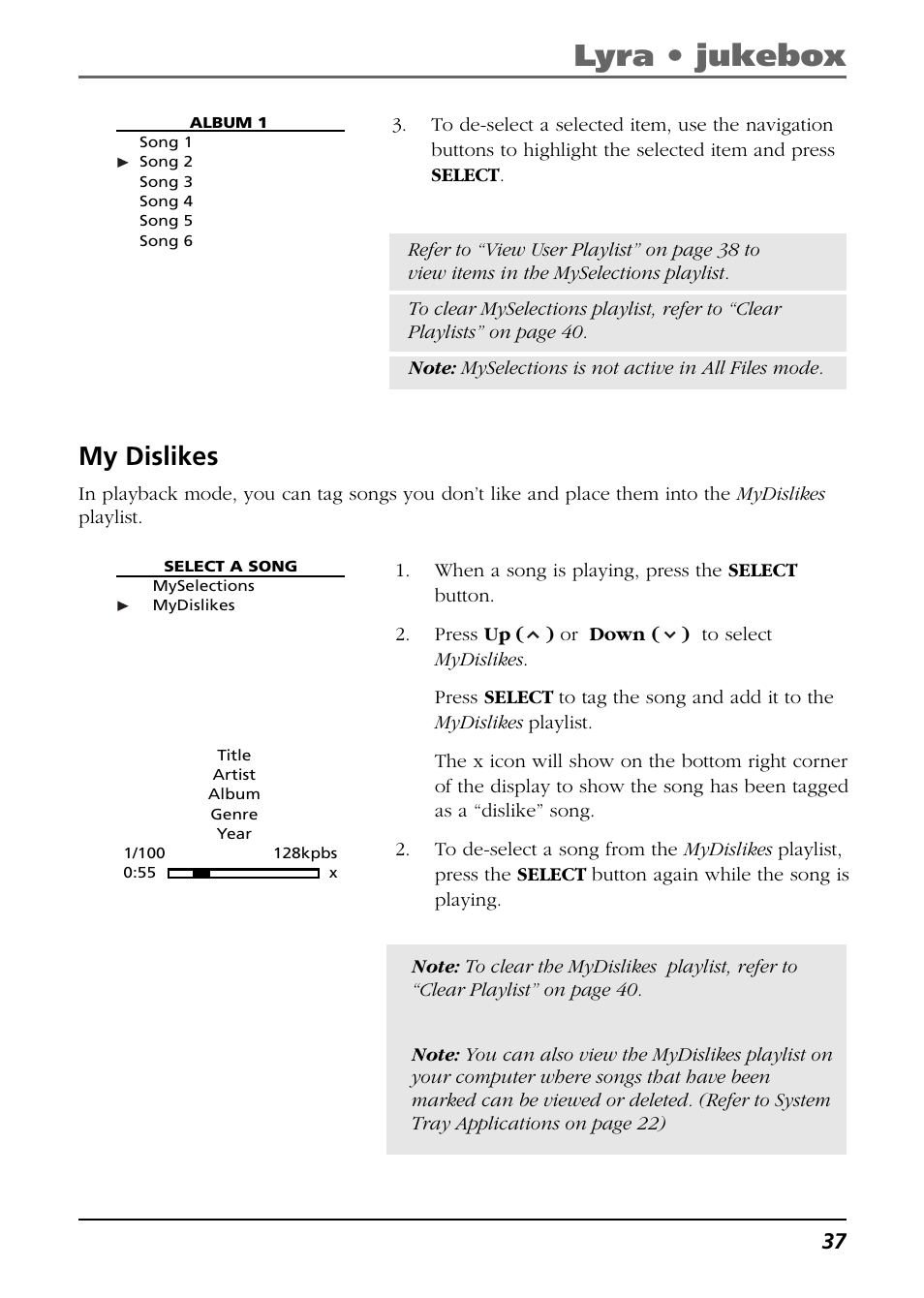 My dislikes, Lyra • jukebox | RCA Lyra RD2850 User Manual | Page 37 / 64