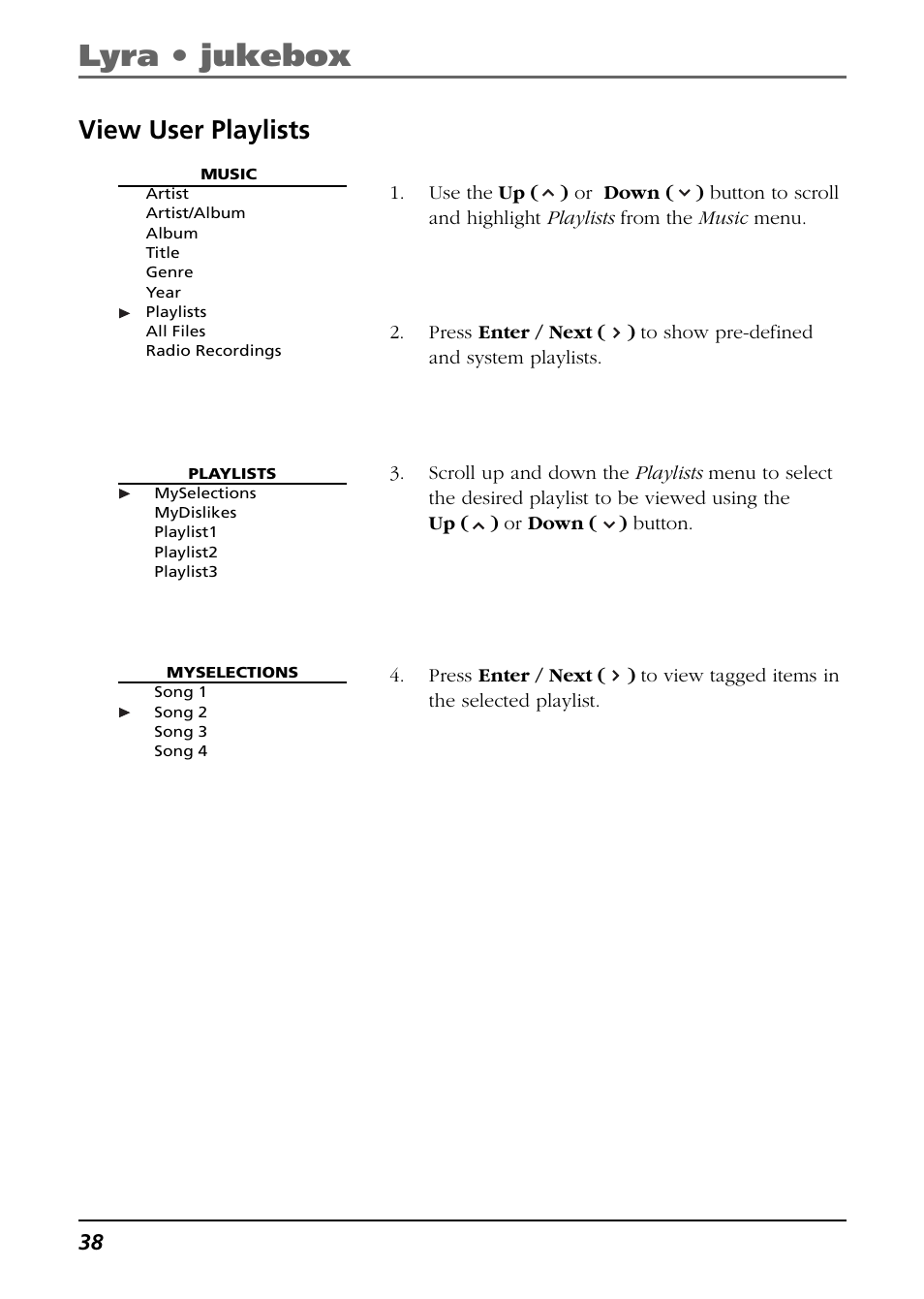 View user playlists, Lyra • jukebox | RCA Lyra RD2850 User Manual | Page 38 / 64