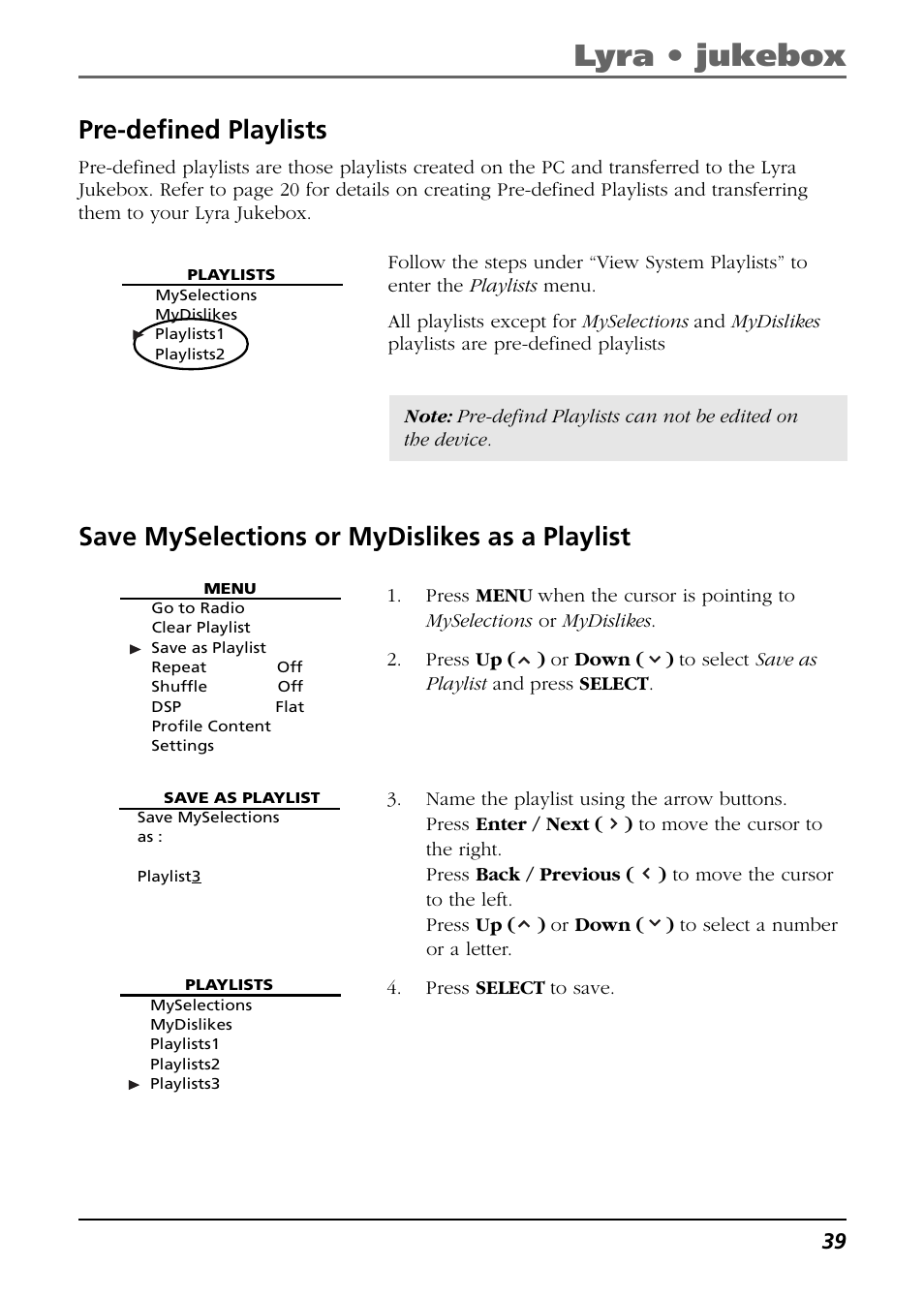 Pre-defined playlists, Save myselections or mydislikes as a playlist, Lyra • jukebox | RCA Lyra RD2850 User Manual | Page 39 / 64