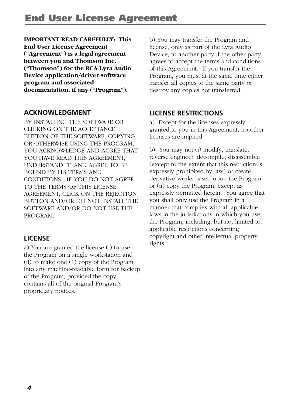 End user license agreement | RCA Lyra RD2850 User Manual | Page 4 / 64