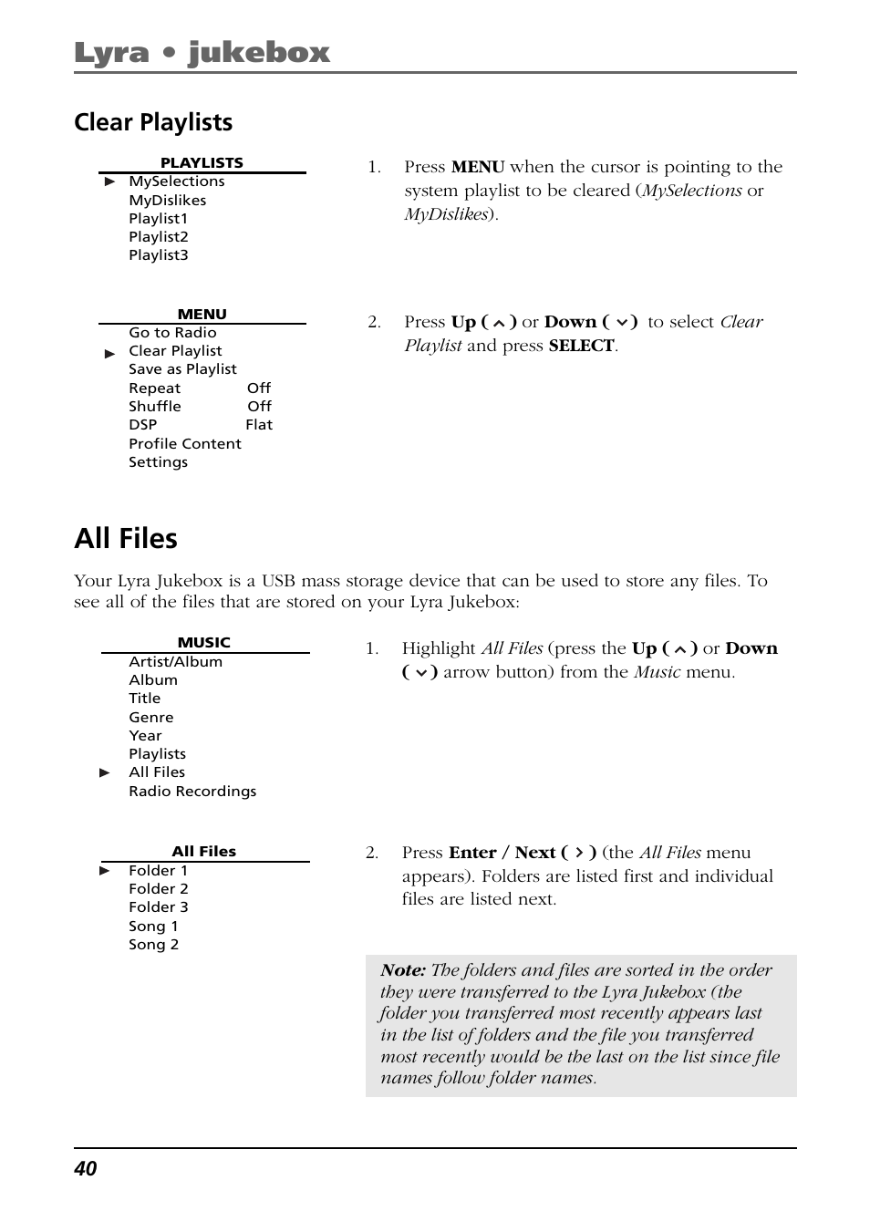 Clear playlists, All files, Lyra • jukebox | RCA Lyra RD2850 User Manual | Page 40 / 64