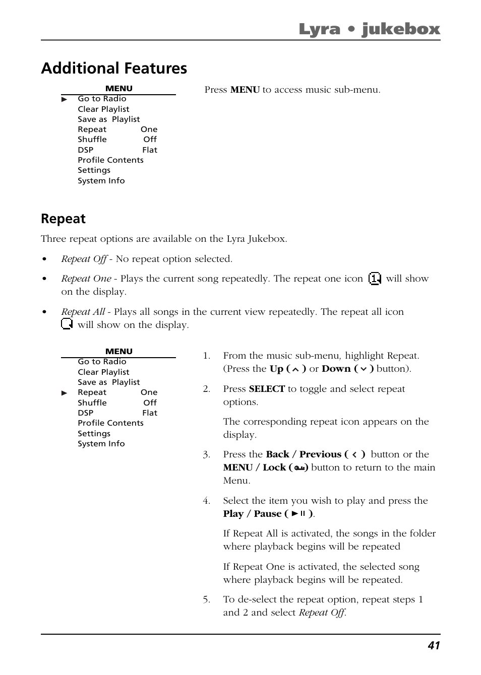 Additional features, Repeat, Lyra • jukebox | RCA Lyra RD2850 User Manual | Page 41 / 64