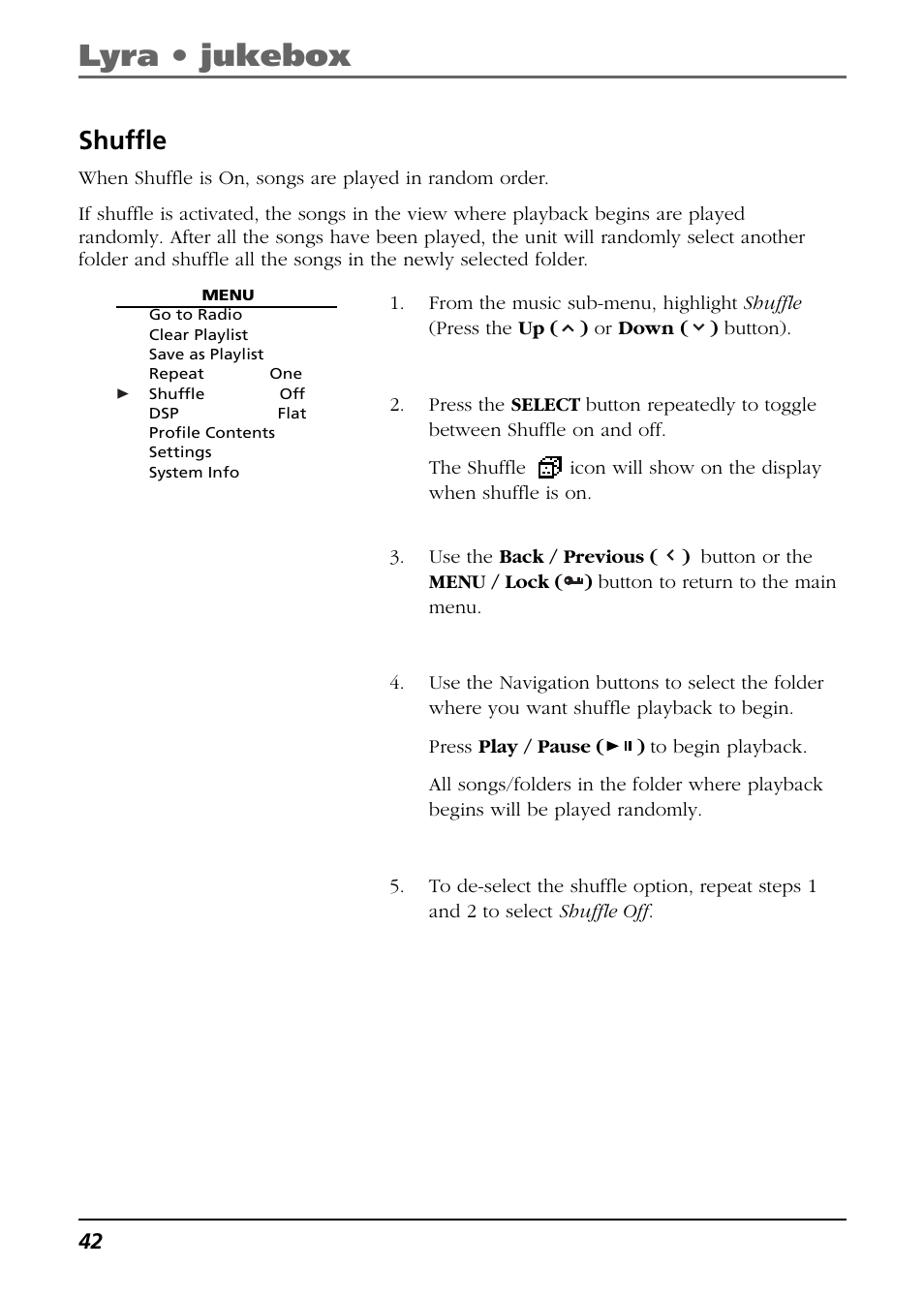 Shuffle, Lyra • jukebox | RCA Lyra RD2850 User Manual | Page 42 / 64