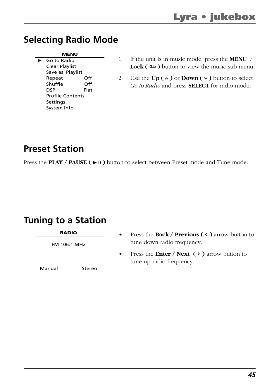 Selecting radio mode, Preset station, Tuning to a station | Lyra • jukebox | RCA Lyra RD2850 User Manual | Page 45 / 64