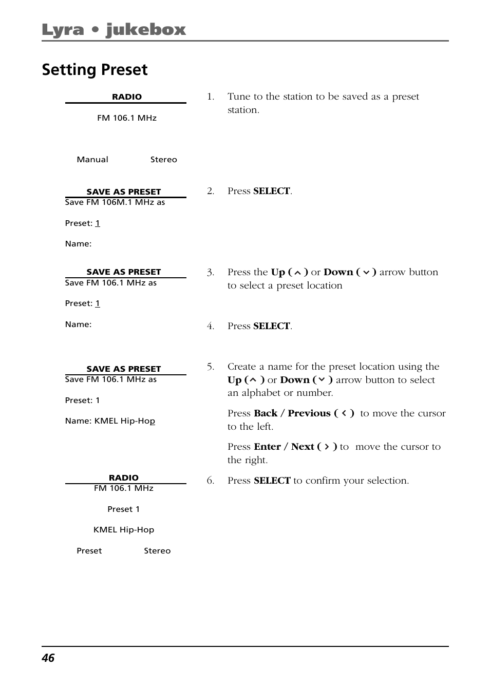 Setting preset, Lyra • jukebox setting preset | RCA Lyra RD2850 User Manual | Page 46 / 64