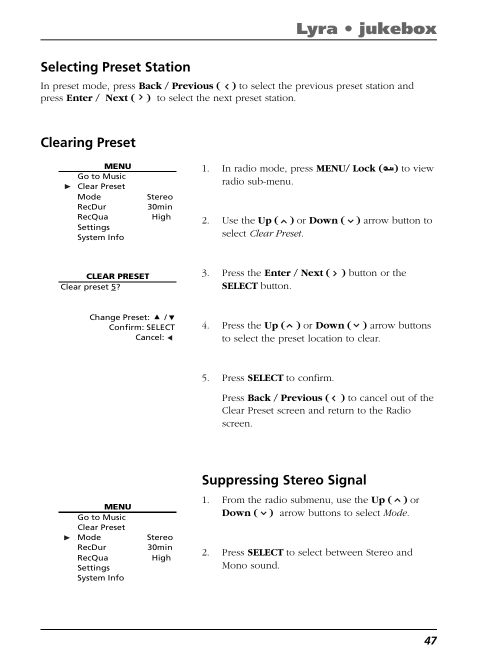 Selecting preset station, Clearing preset, Suppressing stereo signal | Lyra • jukebox | RCA Lyra RD2850 User Manual | Page 47 / 64