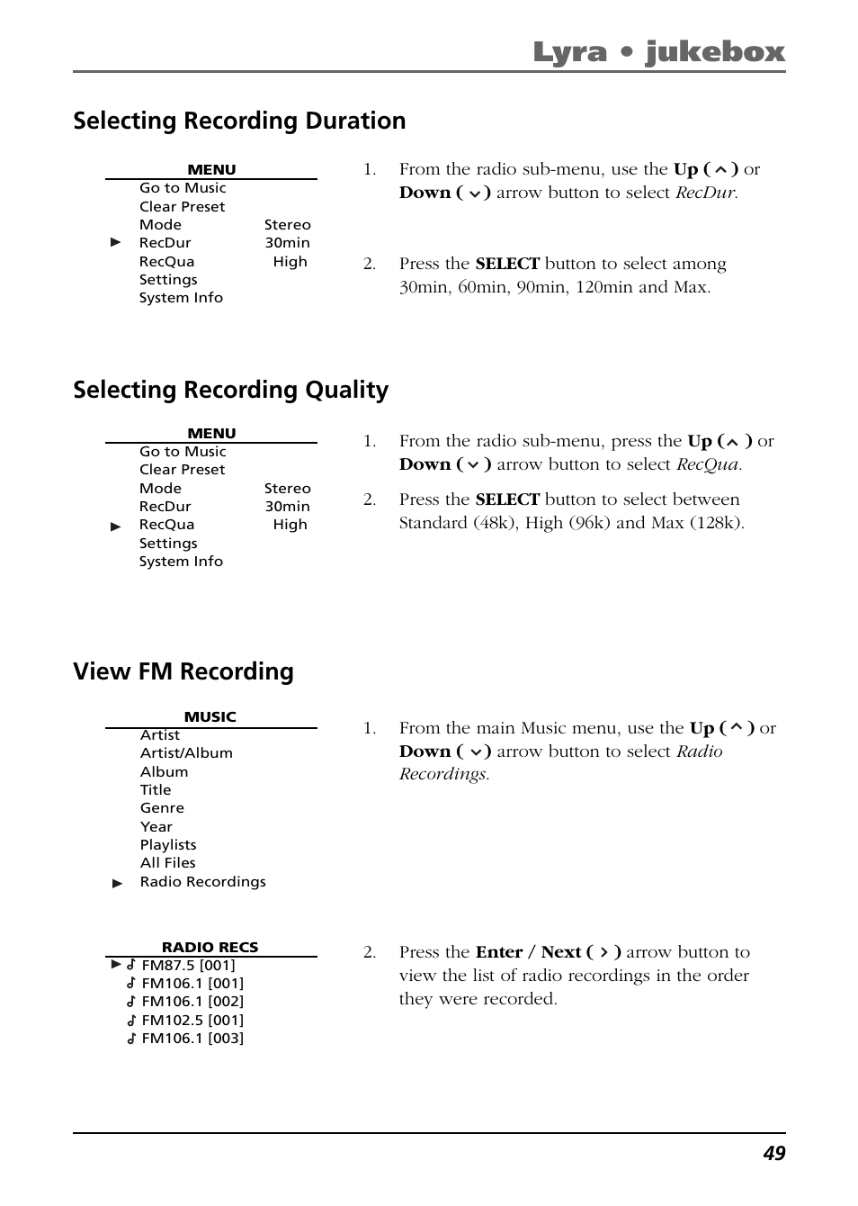 Selecting recording duration, Selecting recording quality, View fm recording | Lyra • jukebox | RCA Lyra RD2850 User Manual | Page 49 / 64