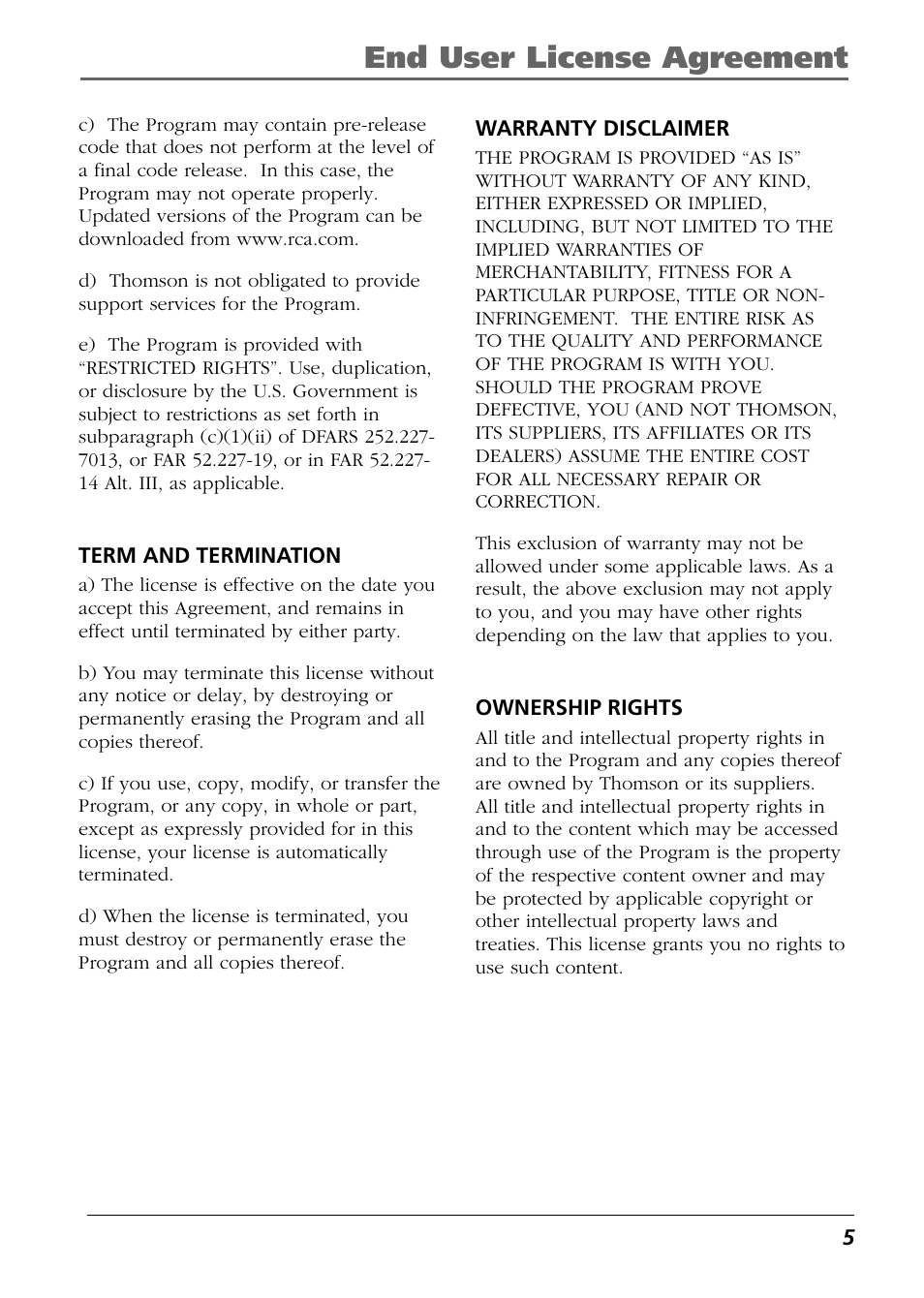 End user license agreement | RCA Lyra RD2850 User Manual | Page 5 / 64