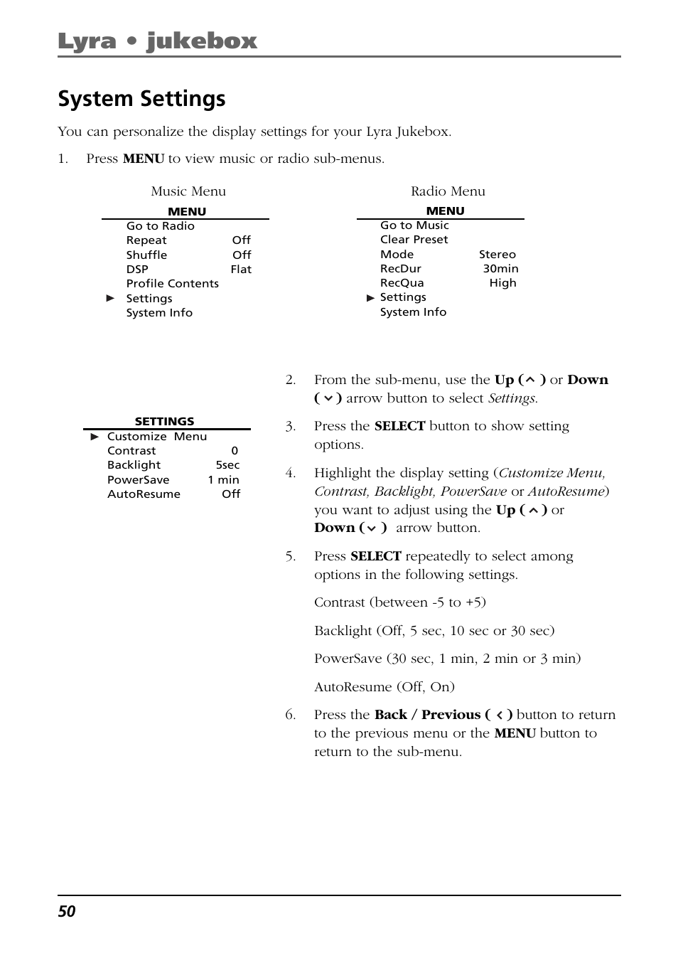 System settings, Lyra • jukebox | RCA Lyra RD2850 User Manual | Page 50 / 64