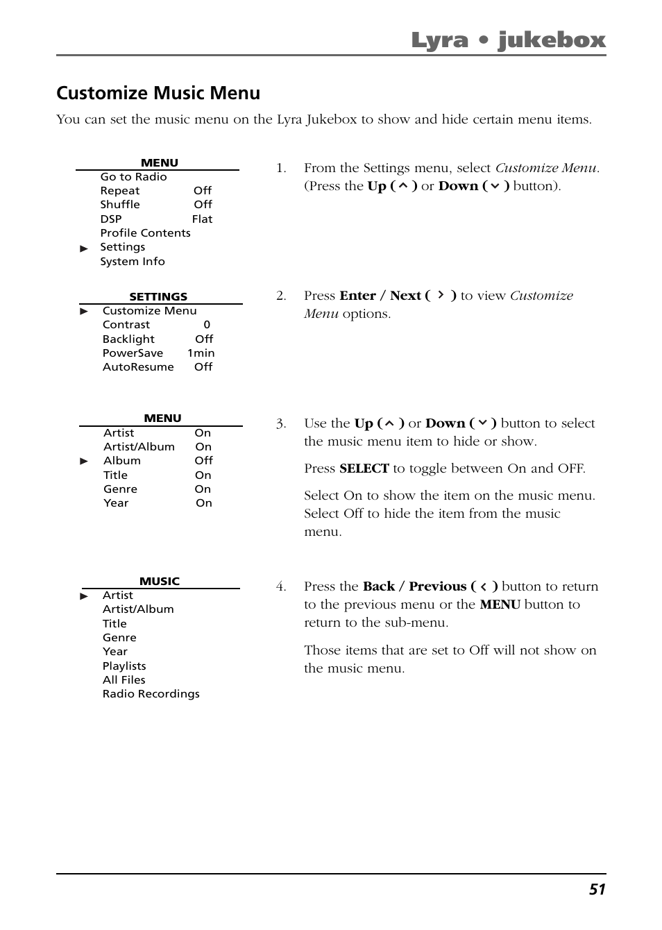 Customize music menu, Lyra • jukebox | RCA Lyra RD2850 User Manual | Page 51 / 64