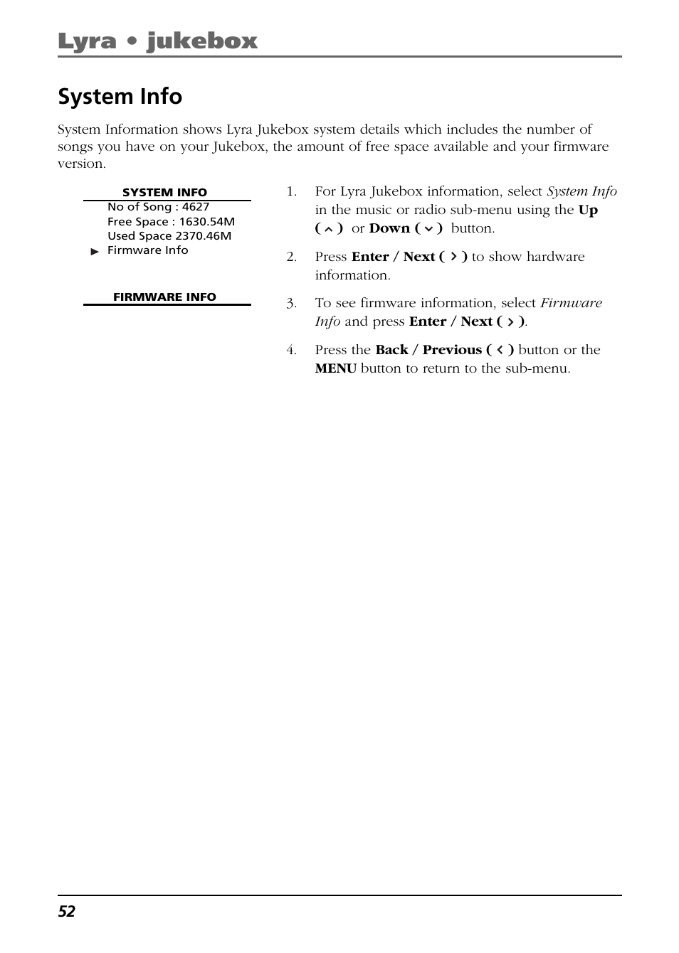 System info, Lyra • jukebox | RCA Lyra RD2850 User Manual | Page 52 / 64